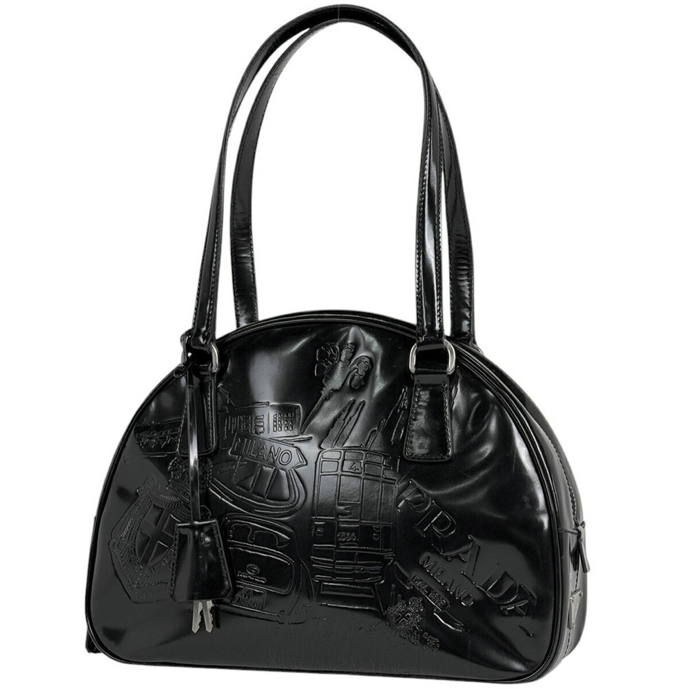 Prada SPAZZOLATO PRIN Plate Handbag Shoulder Bag Enamel Patent Vernis Nero